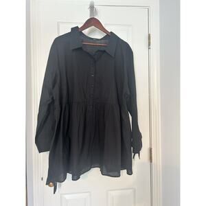 Ellos 1X Black Cotton Babydoll Tunic Dress Button Front Collared Plus Size 22/24